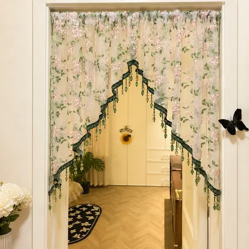No-drill floral embroidered door curtains, beaded lace curtains perfect for renters' bedrooms, and room dividers that won't damage walls—all beautiful room decorations.