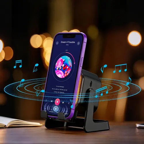 5-in-1 Wireless Magnetic Audio Speaker Stand Accessories - 3500mAh Power Bank, 360° Adjustable Tabletop Phone/Tablet Holder, LED Light Glow, Rechargeable, Hands-Free, Compatible with iPhone 17 Series, Boyfriend Gift for Music Setup