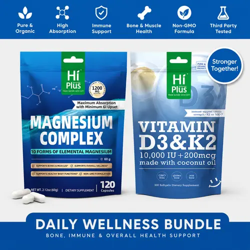 HiPlus Anxiety support combo Magnesium Complex,Vitamin D3 & K2 Stack for Sleep, Bones & Immune Health.Gluten-Free, Vegan, Non-GMO & Gelatin-Free