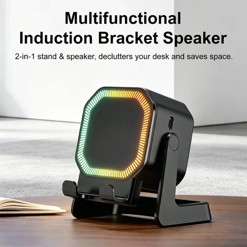 5-in-1 Cordless Portable Speaker Induction Stand - 1500mAh Battery, 360° Adjustable Phone/Tablet Mount, Dual Induction Channels, USB Type-C Powered, LED Color Glow, Smart Home Display, 20kHz Audio, 90Hz, Modern Space-Lighting Portable Speaker