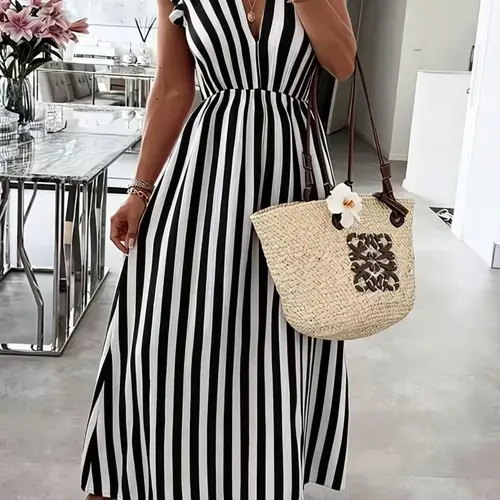 New Fashion Elegant Aesthetic Vertical Striped Back Tie V Neck Butterfly Sleeve Long Dress, Summer Vacation Beach Sundresses Women's Long Dress, Beachwear Sundress, Casual Wear, Stripes
