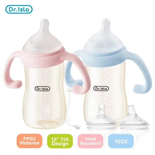 Dr. Isla PPSU 13-Degree Slanted Ergonomic Baby Bottle (10 OZ), 3-in-1 Grow Cup Set with Gravity Ball Straw, Wide Neck, Anti-Colic, BPA-Free, Heat-Sensitive Color Change Safety Feature, Neck Protection for 0-36 Months Newborns summervibes☀️
