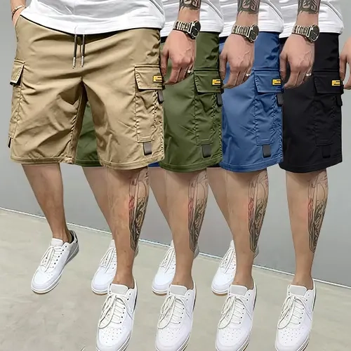 Men’s summer 4-piece set of solid-color cargo casual shorts made from comfortable, breathable fabric—ideal for hiking and camping, streetwear, sports fitness, and everyday outings.