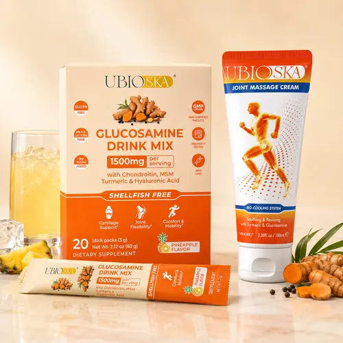 UBIOSKA Joint Support Bundle: Inside-Out Comfort Duo - 1500mg Glucosamine Chondroitin MSM Drink Mix (20 Stick Packs) + Joint Massage Cream (3.4 fl oz) - Oral & Topical Support for Cartilage, Flexibility & Fast Muscle Relief - Non-Greasy, Shellfish-Free