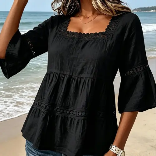 Summer Solid Color Casual Square Neck Cotton Linen Lace Trim Three-Quarter Short Sleeve Top for Women