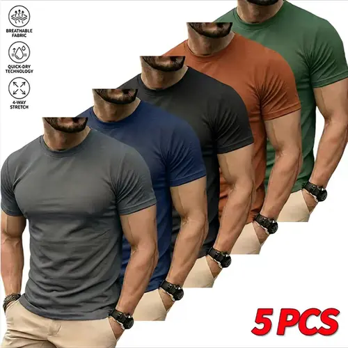 Men's Plain Polyester Slim-Fit Short-Sleeve Crewneck Multi-Pack T-Shirts, Lightweight Quick-Dry Everyday Top for Casual & Athletic Wear,clothes for back to school,first day of school outfits
