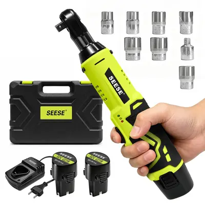 SEESE Cordless Electric Right Angle Ratchet Wrench, Socket Ratchet Wrench,3/8" Drive Cordless Torque Wrench With 2 Packs 1500mAh Lithium-Ion Battery And Charger，Includes 8 Sockets,Car Repair Tool for Screw & Nut Removal