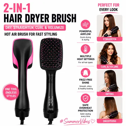 2-in-1 Hair Dryer Brush, Hot Air Brush for Curling, Straightening & Volumizing, Fast Styling Blow Dryer Brush for Smooth Frizz-Free Salon-Style Hair #SummerVibes, Lightweight, Daily
