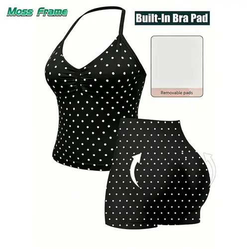 Women's 2-Piece Athleisure Sportswear Set - Polka Dot Halter Top & Shorts, Fashionable Gym Workout Clothes, Fitness Training Clothes for Summer Workout