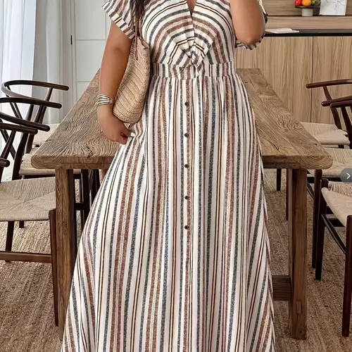 Women's Plus Size Fashion Casual Striped Dress, Elegant Pull-On Design, Comfortable and Stylish, Perfect for Daily Wear
