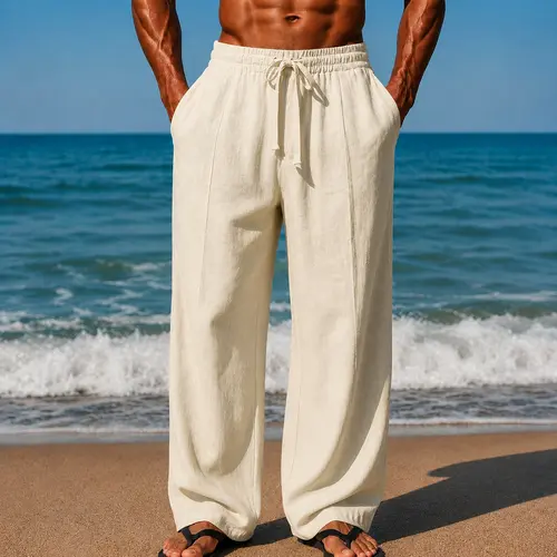 Linen Pants for Men Relaxed Fit Drawstring Waist Summer Vacation Outfit Wide Leg Casual Beach Resort Lounge Everyday Travel Pants Lightweight Breathable Pull On Trousers with Side Pockets Warm Weather Commuting Weekend Resort Wear Summer Essentials