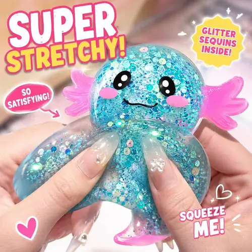 1/4 Colors Glitter Filled Axolotl Squishy Super Soft Stretchy Stress Ball Squishies Non-Toxic Washable Fidget Toy for Kids Adults
