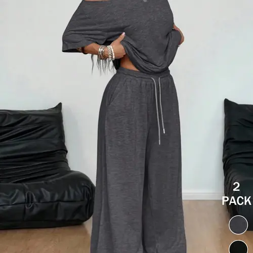 Plus Size Women's Casual Baggy Tee & Pants Set, Clothes, Comfortable Fabric, Asymmetrical Neckline Top & Wide-Leg Pants, Ideal for Daily Wear & Outdoor Activities, Everyday