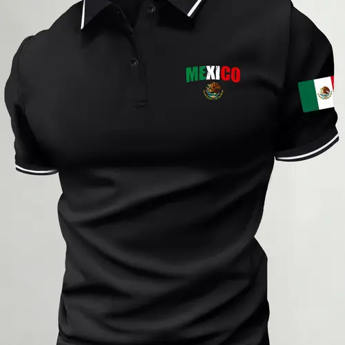 Men’s summer cotton short-sleeve polo shirt with Mexico flag theme, Mexico flag print, classic retro style, lightweight and versatile sports casual outdoor fashion golf apparel, trendy black short-sleeve design—an ideal gift for men or a brother.