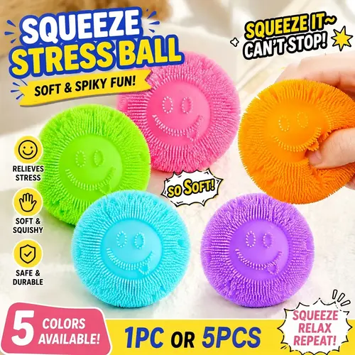5 Colors TPR Soft Spiky Smiley Face Stress Ball 1 Pack/5 Pack Super Soft Squeezable Rebound Cute Decompression Squishy Non-Toxic Sensory Toy Fidget Toy for Kids Adults