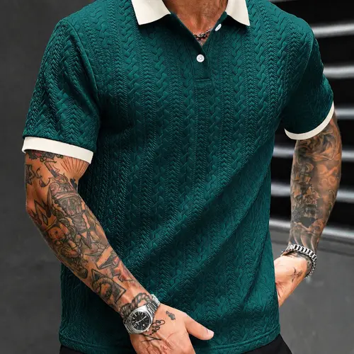 Men’s solid-color pique textured knit polo shirt, regular fit casual short-sleeve top for summer, men’s clothing for everyday wear, menswear