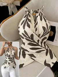 Women's Ditsy Floral Leaf Print Halter Neck Top, Beads Accents Wrap Blouse, Elegant Slim-Fit Top, Casual Summer Wear for Beach, Party and Date Night, Summer Tops Trendy