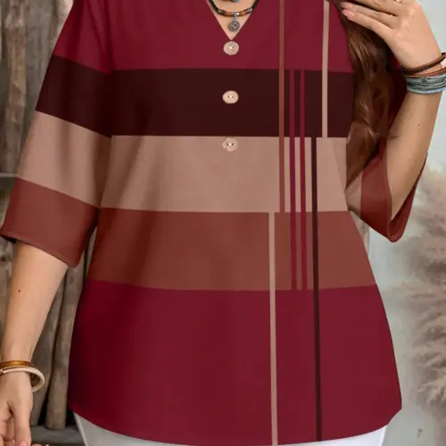 Plus Size Women's Color Block Chic Casual Loose Short Sleeve Tops, Striped Pattern Half Sleeve Top for Spring & Summer