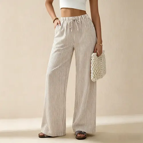 Women’s summer loose straight-leg pants with a textured ruched design; lightweight, breathable casual pants with drawstring vertical stripes, suitable for travel, vacations, leisure, outings, and everyday work; fashionable women’s style.