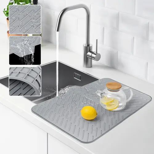 Food-Grade BPA-Free Silicone Dish Drying Mat (23x17 in) - Grey/Black, Non-Slip, Sturdy Compact Tray with Built-In Drain Lip, Diagonal Ridges, Hygienic, Easy to Clean, Surface Protection, Water Build-Up Prevention