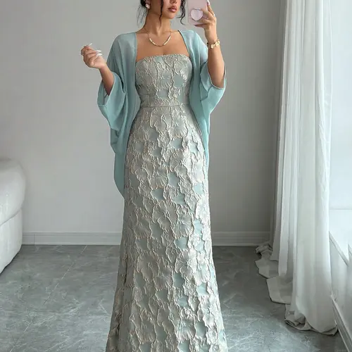 Women's 2 Piece Formal Dress Set, Strapless Jacquard Maxi Dress with Sheer Chiffon Cardigan, Elegant Mint Green Evening Gown for Wedding Guest, Cocktail Party, Evening Party Dresses, Evening Formal Wear