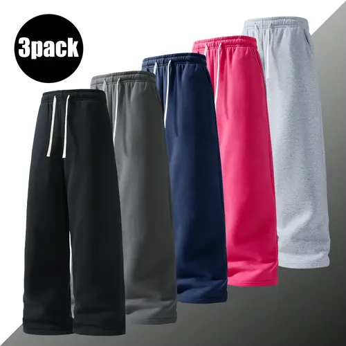 3-pack men’s long pants featuring an elastic waistband and drawstring design; casual loose straight athletic pants in solid colors that are versatile—suitable for home wear, everyday outings, commuting, and fitness training.