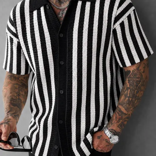 Men Striped Knit Shirt Short Sleeve Button Up Collared Top Summer Outfit Vacation Resort Wear Streetwear Going Out Shirt Lightweight Breathable Textured Casual Top for Weekend Travel Beach Party Daily Layering