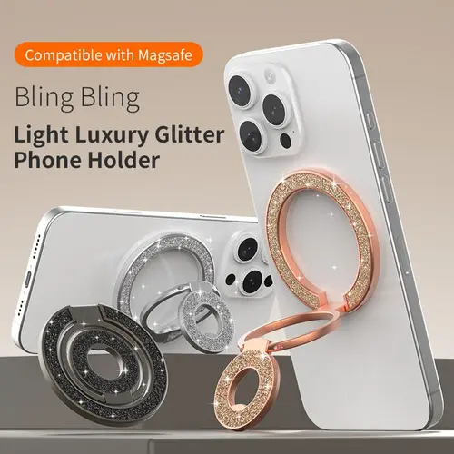 Luxury Sparkling Glitter Folding Magnetic Phone Mount - MagSafe Compatible, Double-Sided Magnetic, 360° Rotate, Adjustable, Easy On/Off, Folding Saves Space, Glam Glitter Look, Fits iPhone, Samsung, Smart Belt Accessories, Phone Holders & Mounts, Sparklin
