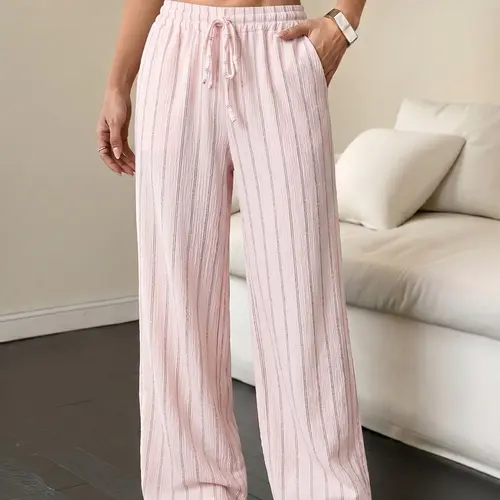 Women’s lightweight striped wide leg pants with a drapey feel and a comfortable elastic waistband with drawstring; versatile casual style suitable for home, beach, vacations, and more—an essential piece for summer outfits.
