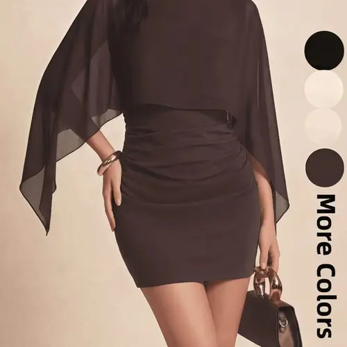 Elegant Chic Lady Dress with Batwing Sleeves, Lightweight Chiffon Wrap Neckline, Slim Fit, Perfect for Daily Wear, Parties, Casual Occasions