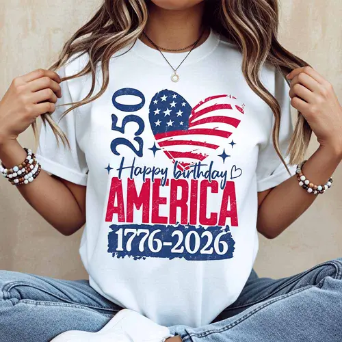 American Flag Heart 250 Happy Birthday America 1776 2026 Print T Shirt White Casual Loose Fit Tee For Everyday Wear And Outdoor ActivitiesUnisex Crew neck T-shirt for Men And Women,All-Season Comfort,Heavyweight 100% Cotton