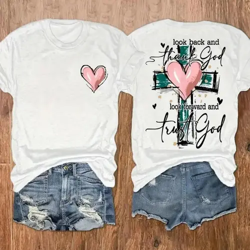 Thank God Trust God Faith Quote Graphic T-Shirt, Pink Heart Cross Print Tee, Classic Crew Neck Shirt, Christian Casual Short Sleeve Top, Trendy Faith Aesthetic Cotton Tee for Christian Believers, Religious Style Fans and Casual Fashion Enthusiasts