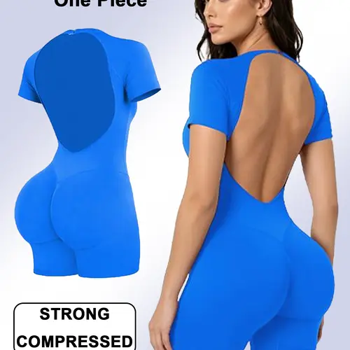 [SIZE UP 1] GYMER Impact Short Sleeve One Piece Yoga Workout Jumpsuit - Soft Removable Pads Bralette, Strong Compression, Tummy Control, Butt Lifting, Contoured Fit Shapes Without Bulk, Built for Gym, Yoga, Active Days #BackToSchool