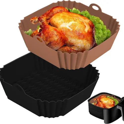 2 PCS Square Silicone Air Fryer Liners - 8 Inch Reusable Air Fryer Pot - Air Fryer Accessories - Air Fryer Inserts for 4 to 7 QT Oven Microwave Accessories (Black + Brown)