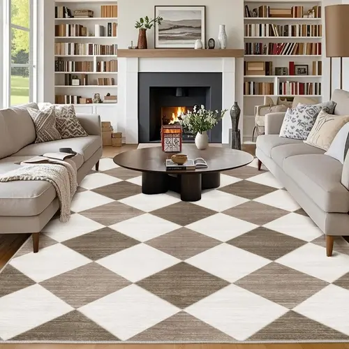 WISH TREE Washable Beige Camel Checkerboard Print Area Rug - Soft Geometric Casual Household Textile, Cozy Neutral Home Decor for Living Room, Living Room Rugs, Checkerboard Print Area Rugs