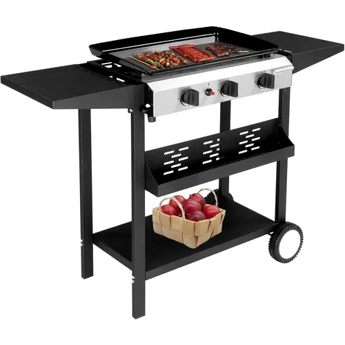 3-Burner Portable Propane Griddle - 40,000BTU Stainless Steel Gas Grill with Enameled Iron Tray, Ceramic Coating Compatibility, Rolling Flat Top, Electronic Ignition, Side Shelf, Regulator, Oil Management, Ideal for Outdoor Cooking Equipment & Patio BBQ,,