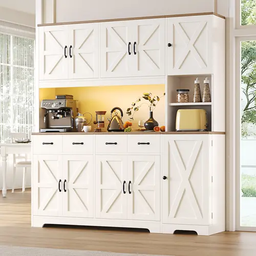 FUSOU 71" Tall HomeStorage Kitchen Pantry Cabinet with LED Lights & Charging Station, [Shipping by 2 Packages] ,Farmhouse Storage Cabinet with 4 Drawers & 6 Cabinets, Modern Kitchen Hutch for Dining Room with Adjustable Shelves, White