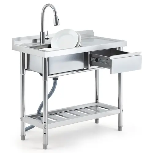 Garvee Upgraded Multifunctional Utility Sink Basin, 39" Standing Steel Bowl, Built-in Workbench Storage, Suitable for Indoor Outdoor Daily Washing Use