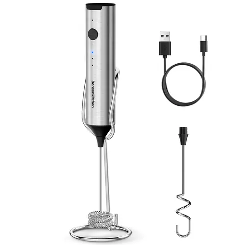 Bonsenkitchen Rechargeable Milk Frother with Stand, 3-Speed Handheld Coffee Frother, Dual Spring Whisk Electric Hand Frother Wand Drink Mixer for Matcha Lattes Cappuccino, Kitchen Gifts