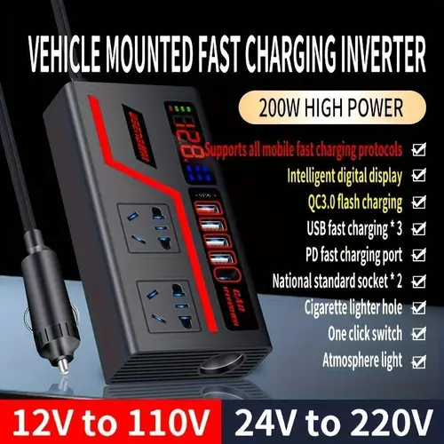200w Car Inverter, 12V/24v to 110v/220v Power Converter, LCD Display, 4 USB Ports, Fast Charging, Super Fast Car Charger, USB Smart Charger, Compact Size, Modern Car Charger, PD Car Charger