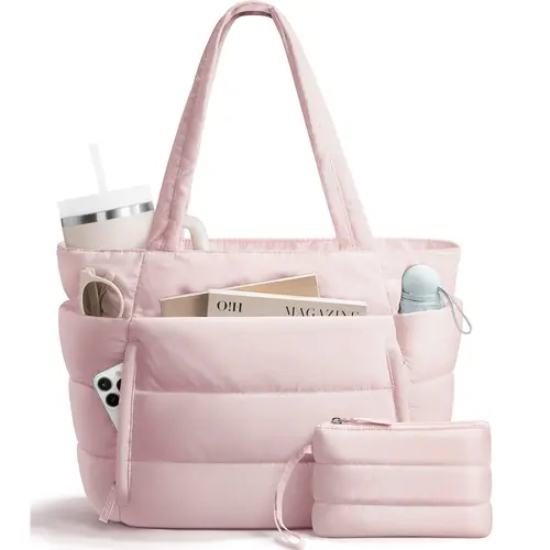 (New)Bagstellar Puffer Tote Bag for Women with Makeup Bag, Large Work Tote Laptop Bag, Lightweight Travel Tote Bag with Zipper Gifts for Women Teacher Nurse Quilted Shoulder Organiser for School Gym