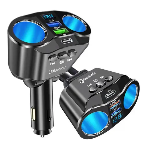 GYIOEUPT 5-Port Car Bluetooth Fast Charger FM Transmitter - 2 USB, 1 Type-C, 2 Cigarette Lighter Sockets, PD QC3.0 Fast Charging, Digital Voltage Display, Hands-Free Call, Music Player, Bluetooth Car Adapter, Auto Accessories