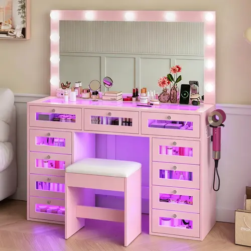 PUNICE Pink Makeup Vanity Desk - All-in-One LED Accent Vanity with Mirror, Power Outlet, 3 Color Modes, RGB Lighting, 11 Lit Drawers, Stool for Bedroom (2 Packages)
