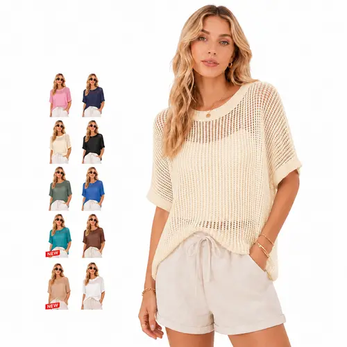 QUALFORT Women's Summer Scoop Neck Crochet Knit Top, Loose Fit Short Sleeve Hollow Out Pullover, Lightweight Open Weave Beach Cover Up, Elegant Minimalist Multi-Wear Knitwear for Casual Daily Wear, Vacation & Resort, Crew Neck, Round Neck