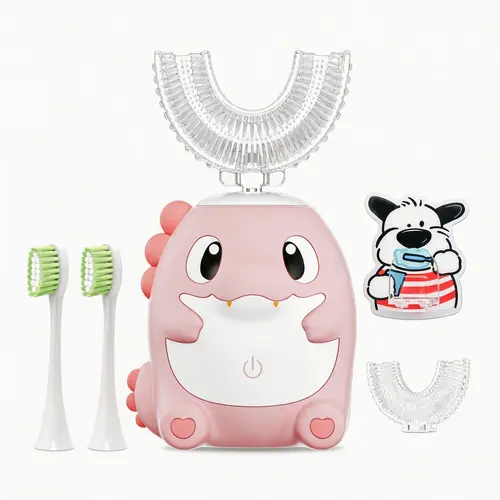 Kids U-Shaped Electric Toothbrush with Wall Mount & 4 Brush Heads, 360° Ultrasonic Toddler Toothbrush, Rechargeable Automatic Dinosaur Toothbrush with 2 U-Shape & 2 Soft Bristle Heads, Pink,back to school,back to school haul