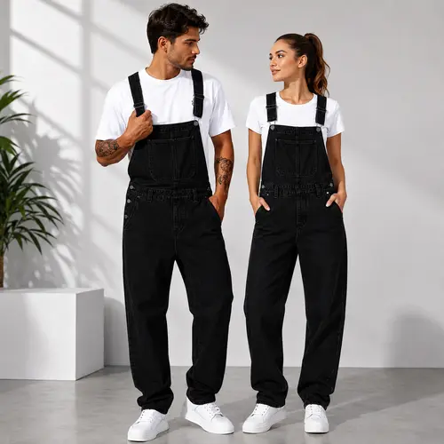 Men's Retro Woven Fade-Proof Denim Blend Overalls - Oversized Plain Sleeveless Cargo Bib, Straight Leg, Adjustable Straps, Pockets, Casual Work Couple Unisex Jumpsuit Menswear