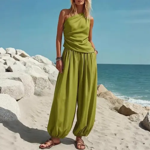 Latest Sleeveless Sloping Shoulder Top and Wide Leg Pants, Women's Summer 2-Piece Outfits, Sleeveless Cropped Top & High Waist Pants Lounge Set, Solid Casual Loose Fitting Suit, Elegant Sloping Shoulder Collar Temperament Set,  #Outdoorfun