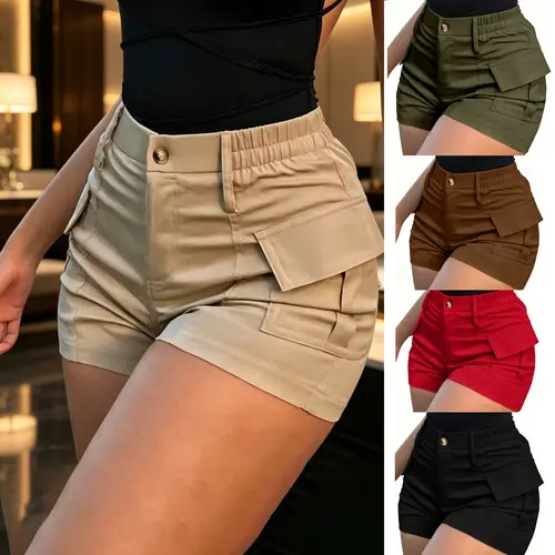 New Summer Women’s Elegant Solid Color Shorts — Casual, fashionable cargo shorts with multiple pockets, suitable for the beach, everyday commuting, and casual wear — Machine-washable solid color shorts