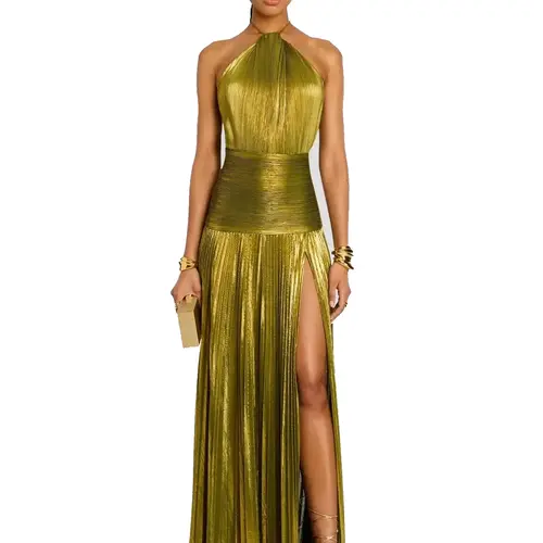 Women's 2026 Soft Drapey Metallic Olive Pleated Halter Neck Formal Evening Maxi Dress - Sleeveless, Floor-Length, High Slit, Tie Closure, Fitted, Ideal for Wedding Guests (Maxi Dress for Women)
