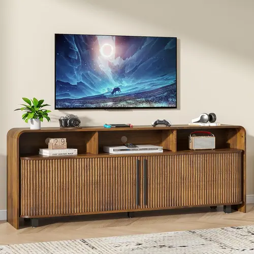 Fluted TV Stand for 75 65 80 Inch TV, 70 Inch Long Walnut Entertainment Center, Large Mid Century Modern TV Console Media, Adjustable Shelves, Sliding Doors, Living Room